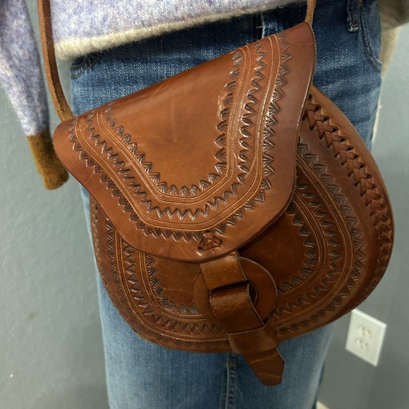 Brown Boho Hand Tooled Leather Crossbody Bag  
#922 - Picture 2 of 12